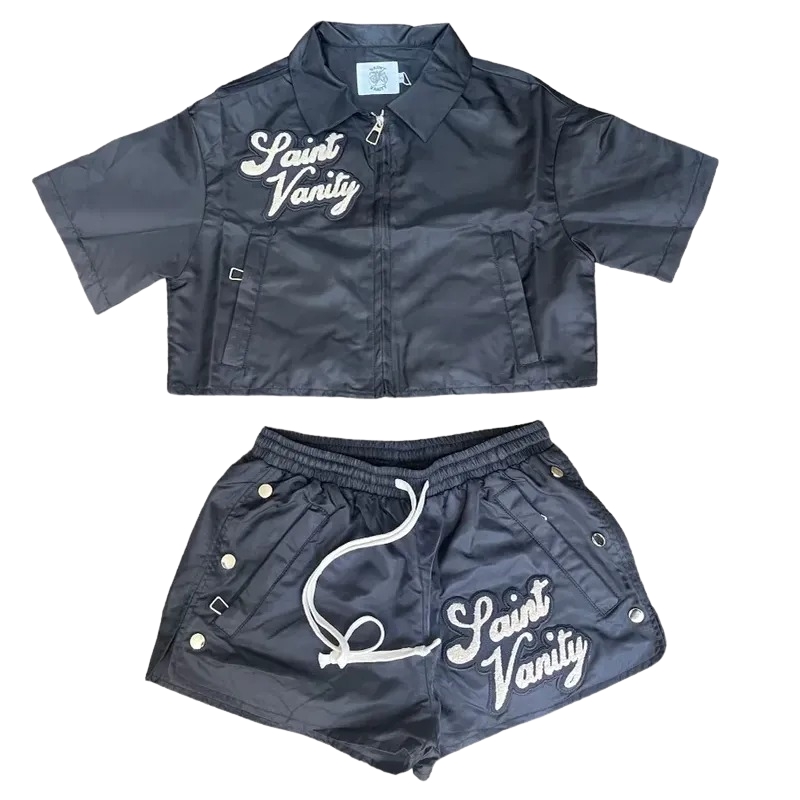 Saint Vanity Women’s Zip-Up Short Set Black Graphic Saint Vanity Women’s Zip-Up Short Set Black Graphic