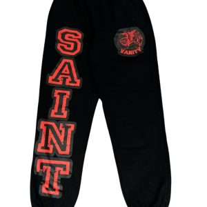 Saint Vanity Black Varsity Sweatpants – Red Logo Design