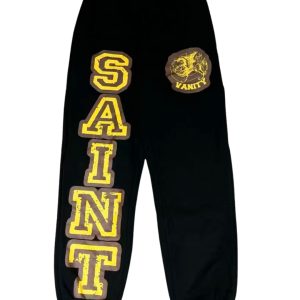 Saint Vanity Black Varsity Sweatpants – Yellow Logo Design