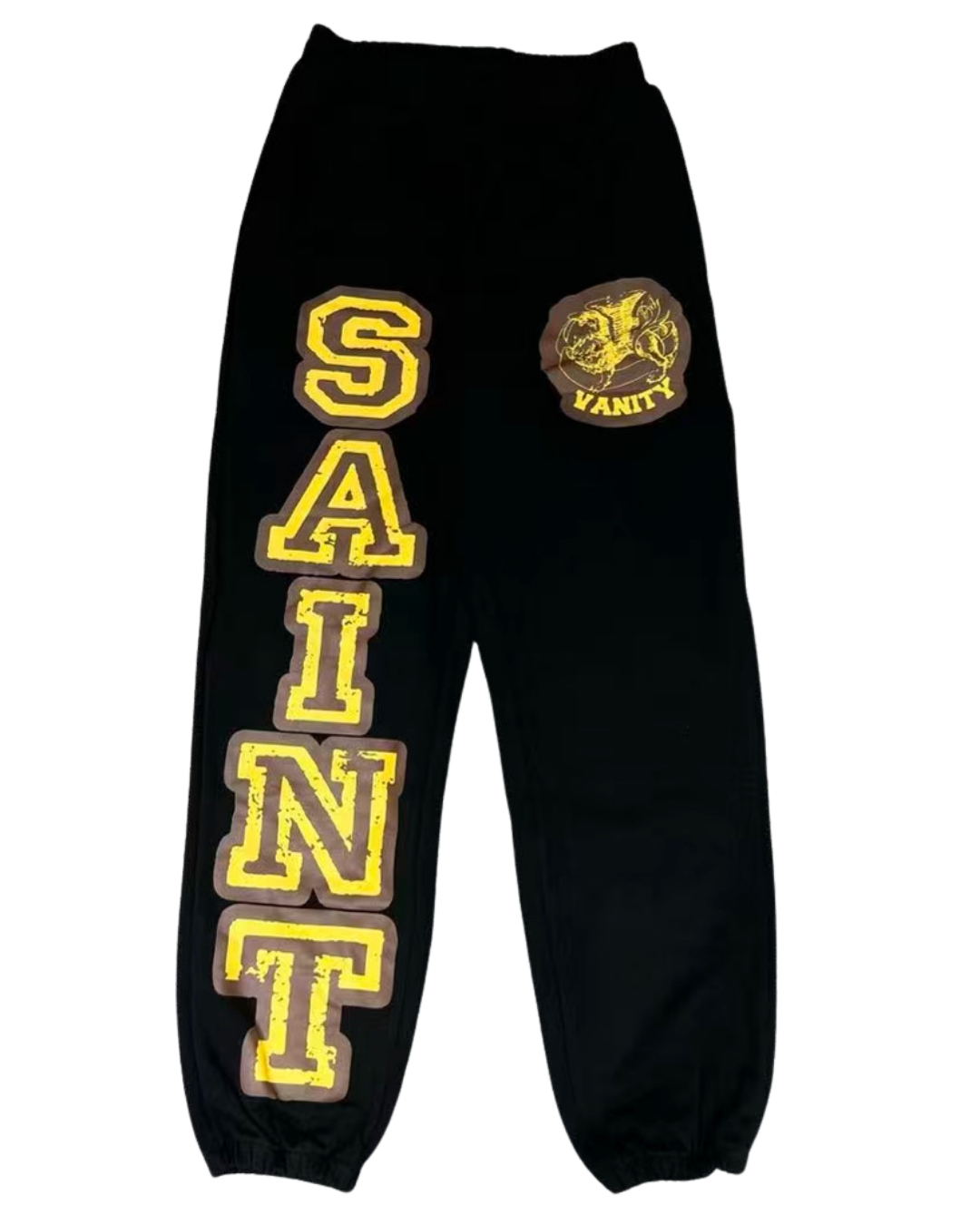 Saint Vanity Black Varsity Sweatpants – Yellow Logo Design Saint Vanity Black Varsity Sweatpants – Yellow Logo Design