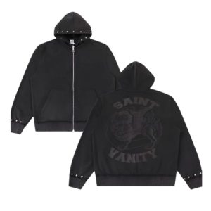 Saint Vanity Studded Rhinestone Uniform Zip-up Black Hoodie