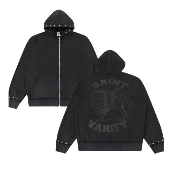 Saint Vanity Studded Rhinestone Uniform Zip-up Black Hoodie Saint Vanity Studded Rhinestone Uniform Zip-up Black Hoodie