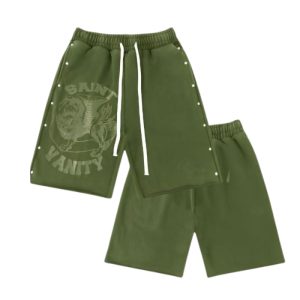 Saint Vanity Terry Studded Logo Olive Shorts